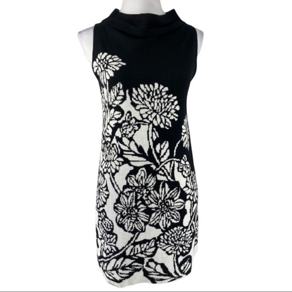 Adrienne‎ Vittadini Womens Black White Floral Knit Mock Neck Shift Dress Size M